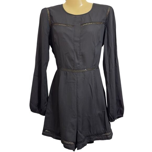 MISGUIDED CROSS STITCH LACE LONG‎ SLEEVE LIGHTWEIGHT BLACK ROMPER 8 - Picture 1 of 14